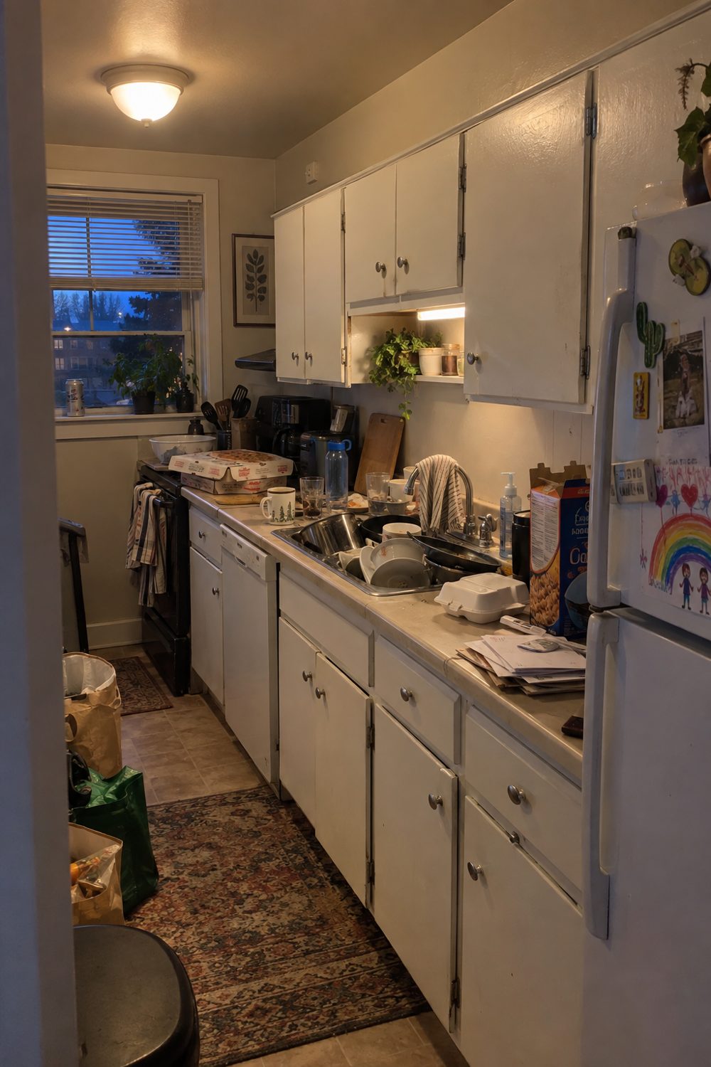 A real messy kitchen in the evening