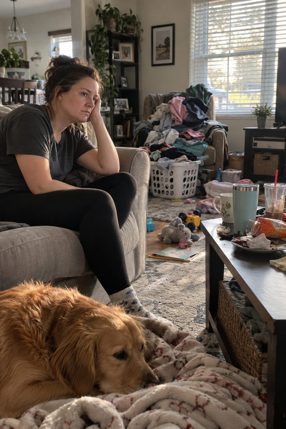 A tired woman on the couch looking at a cluttered living room